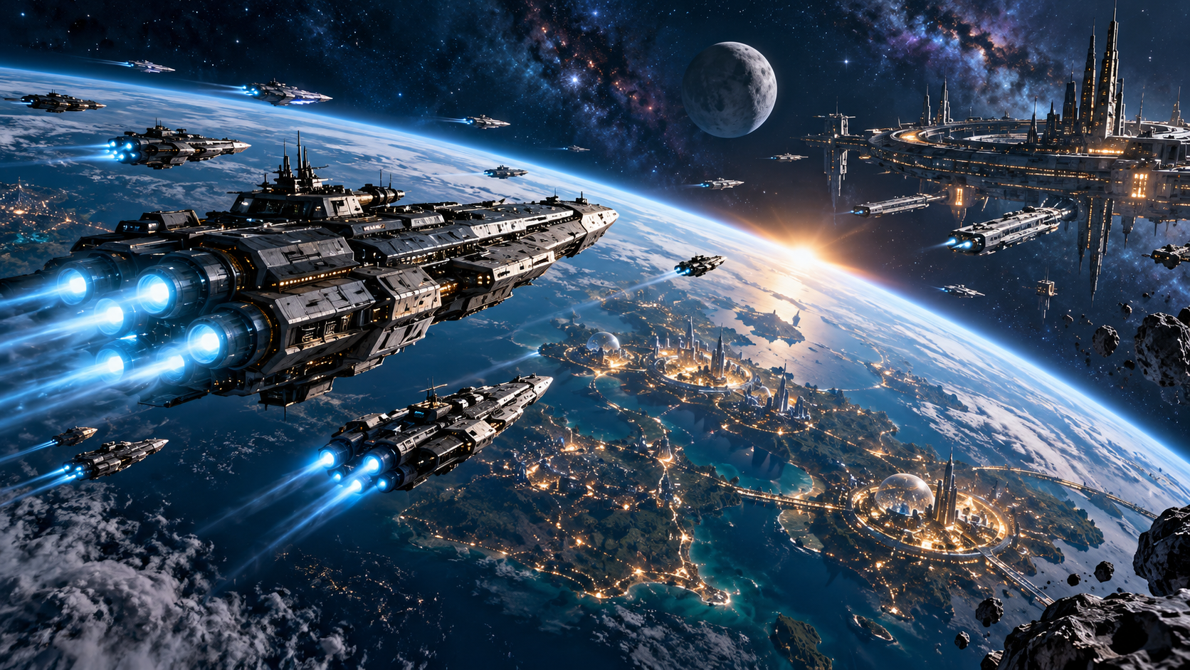 Corrado OGame space fleet above a glowing colony planet and orbital shipyard